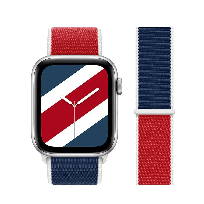 Smartwatch with red, white, and blue striped nylon band and matching watch face design
