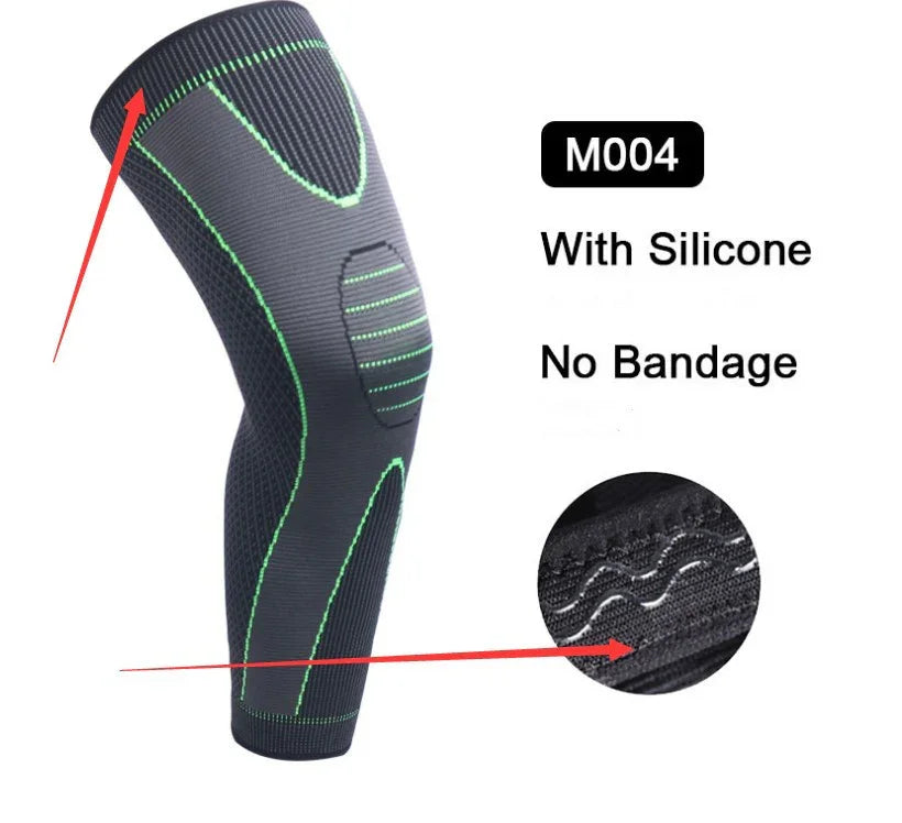 Black knee sleeve with green stitching, silicone grip, and no bandage, model M004