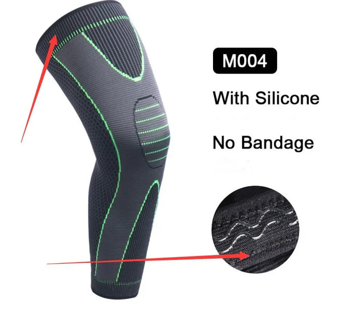 Black knee sleeve with green stitching, silicone grip, and no bandage, model M004
