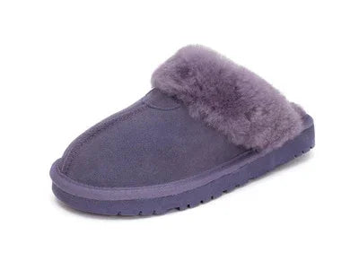 Purple cozy slip-on slipper with plush faux fur lining and sturdy sole