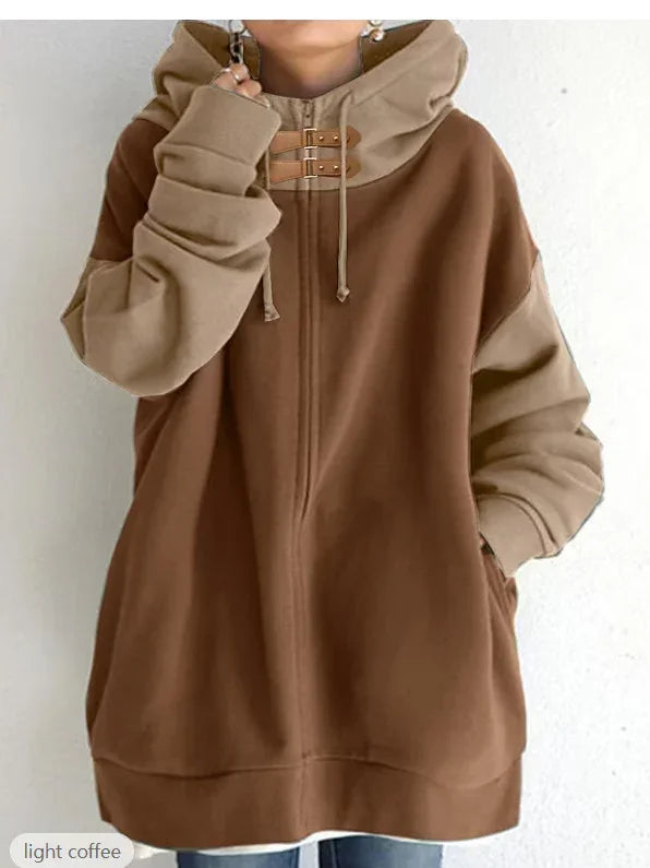 Light coffee and beige oversized hoodie with high collar, zipper, and buckle detail