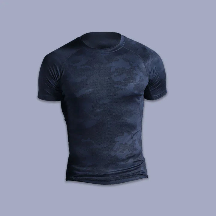 Men's black camo short sleeve athletic compression shirt on gray background