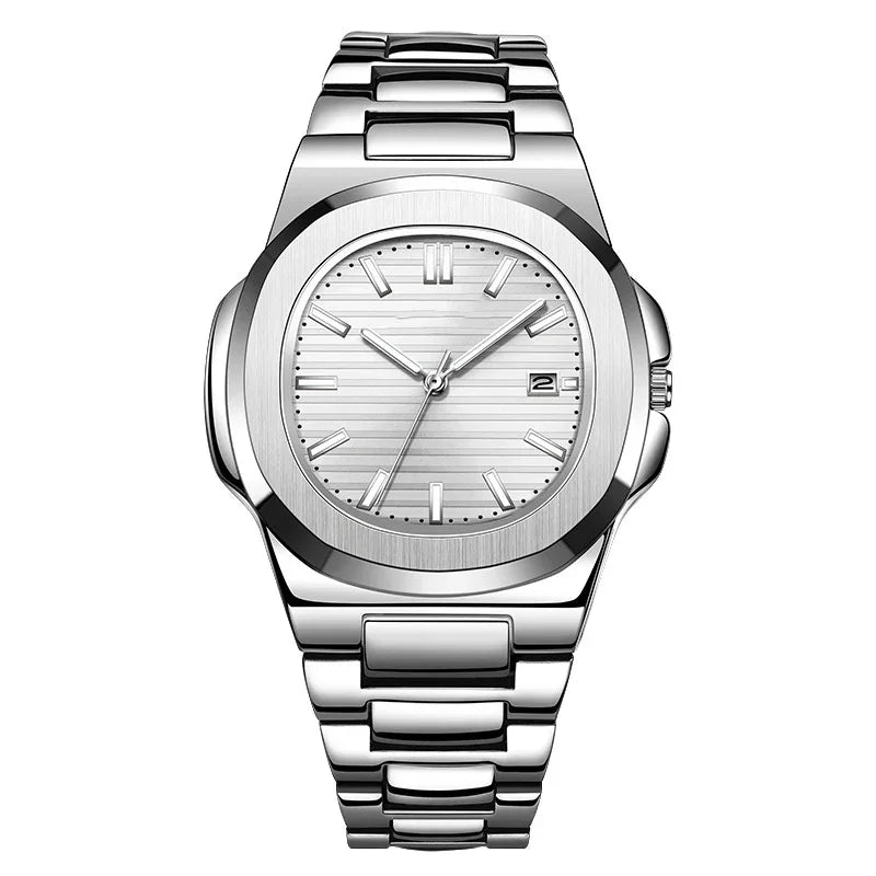 Silver stainless steel wristwatch with striped dial, date window, and metal bracelet