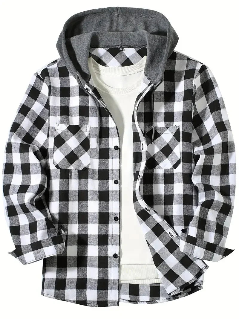Black and white checkered flannel shirt with gray hood layered over a white sweatshirt