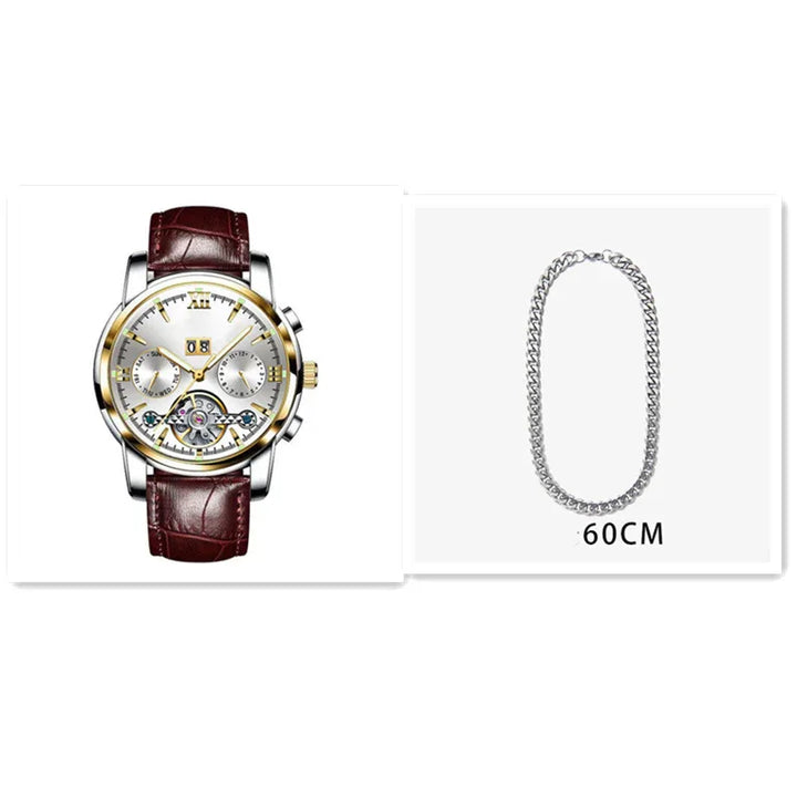 Luxury men's wristwatch with brown leather strap and silver dial alongside 60cm silver chain necklace