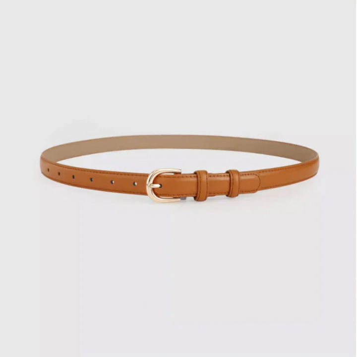 Tan leather belt with gold buckle on white background, stylish adjustable accessory