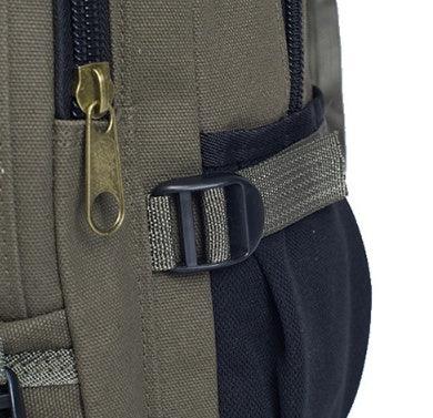Close-up of olive green backpack with brass zipper and adjustable black buckle strap