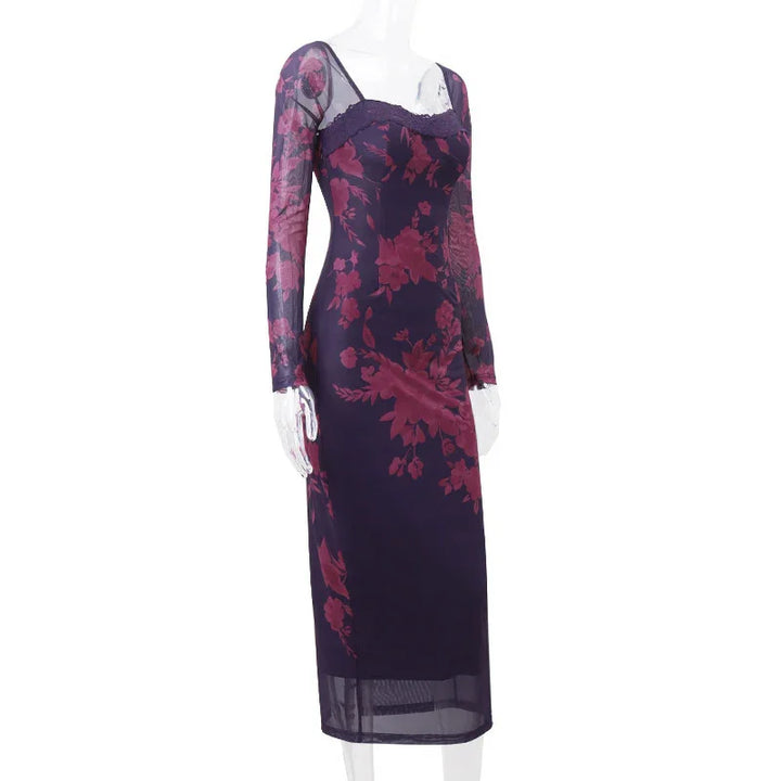 Elegant navy blue midi dress with long sheer floral sleeves and pink floral print design