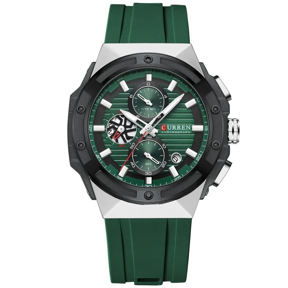 Curren green chronograph watch with black bezel and green silicone strap
