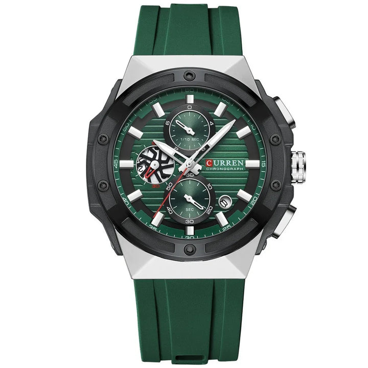 Curren green chronograph watch with black bezel and green silicone strap