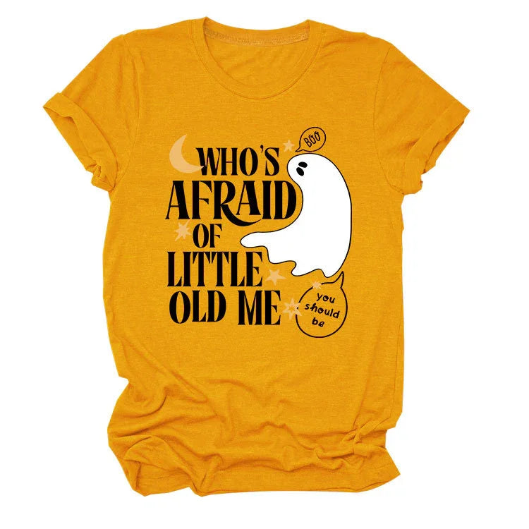 Yellow t-shirt with Halloween ghost graphic and text Who's afraid of little old me in black font