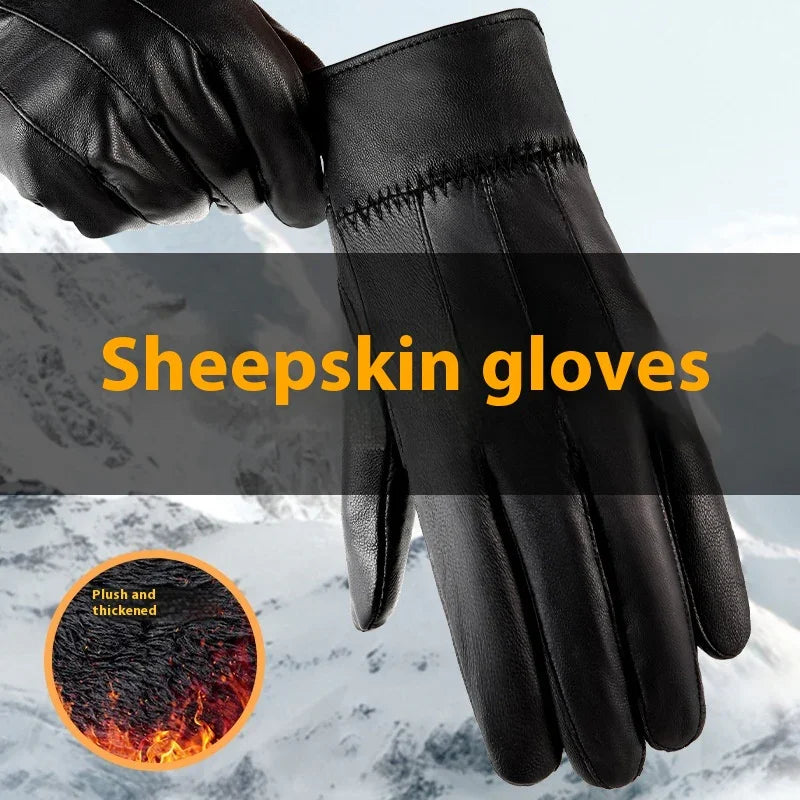 Black sheepskin gloves with plush thickened lining, snowy mountain background