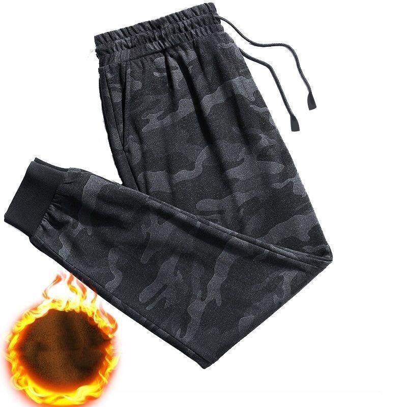 Dark gray camo fleece jogger pants with elastic waistband and cuffs, drawstring, and warm fabric