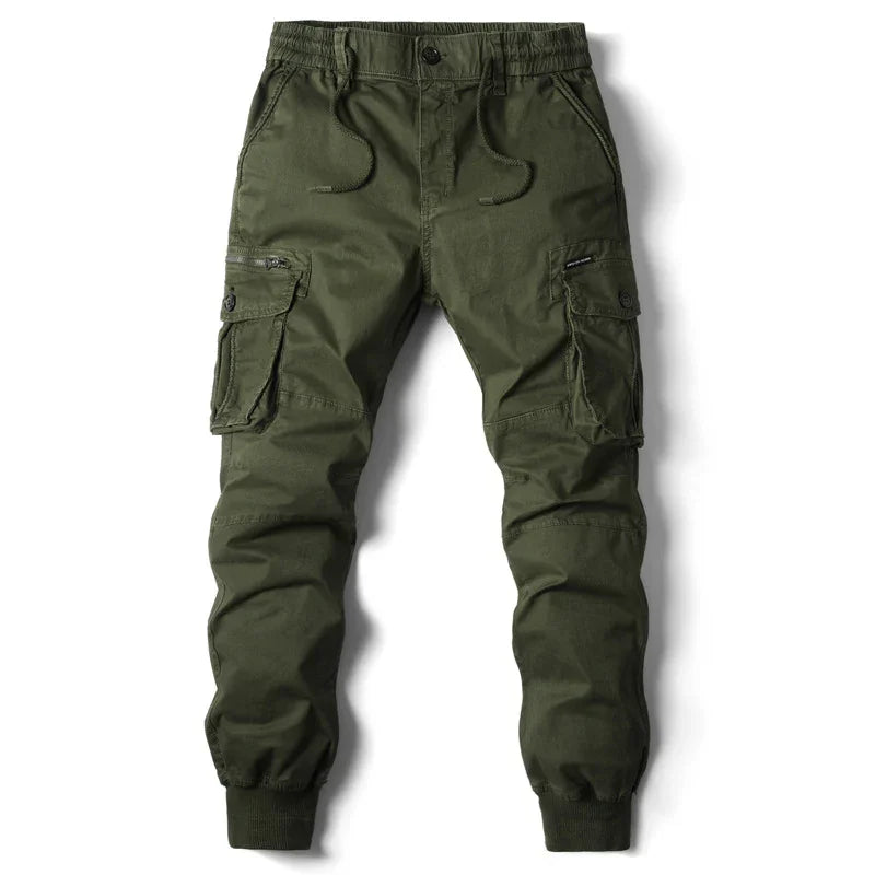 Men's olive green cargo jogger pants with drawstring waist and multiple pockets