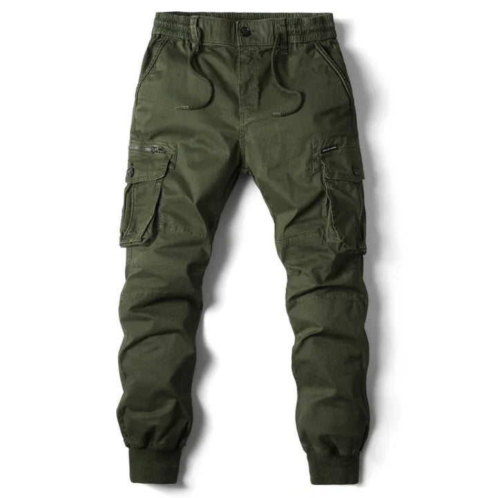 Men's olive green cargo jogger pants with drawstring waist and multiple pockets