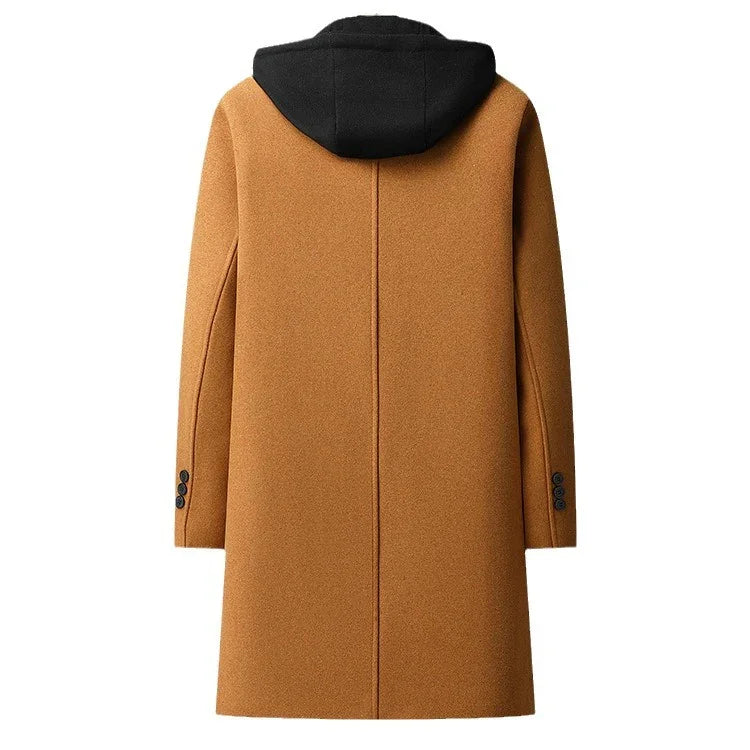 Back view of brown wool coat with black hood and button details on sleeves