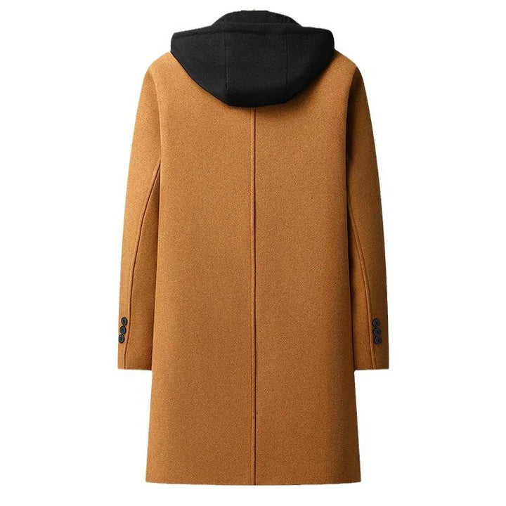 Back view of brown wool coat with black hood and button details on sleeves