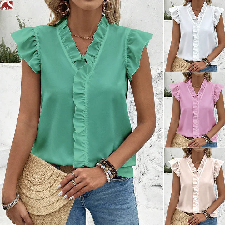 Women wearing ruffled sleeveless V-neck blouses in green, white, pink, and beige, styled with jeans and accessories