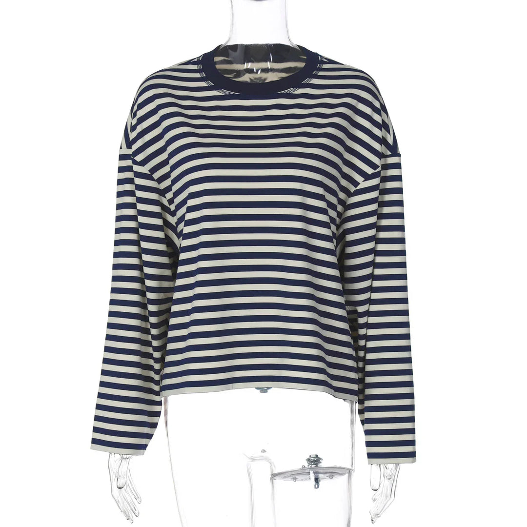 Navy blue and white striped long sleeve casual shirt on transparent mannequin