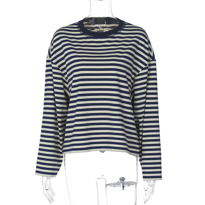Navy blue and white striped long sleeve casual shirt on transparent mannequin