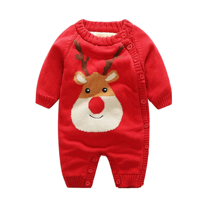Red baby knit romper with smiling reindeer face and buttons along shoulder and legs
