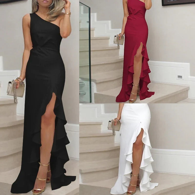 Women wearing elegant one-shoulder evening dresses in black, red, and white with ruffled high slits