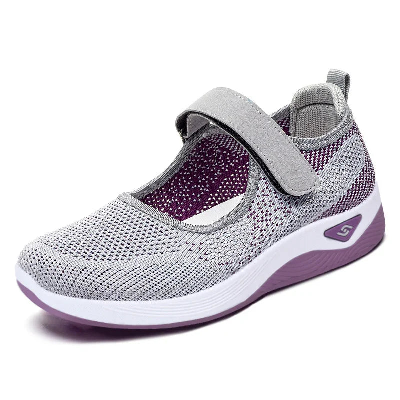 Women's sporty grey and purple mesh Mary Jane sneaker with adjustable strap and cushioned sole
