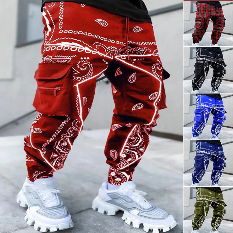 Men's cargo pants with bandana print in red, black, blue, navy, and olive color options