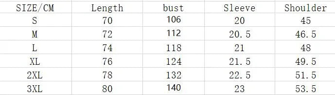 Clothing size chart table showing length, bust, sleeve, and shoulder measurements for sizes S to 3XL