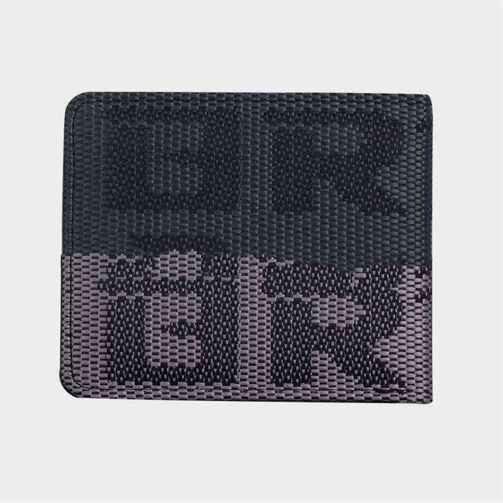 black and gray woven fabric wallet with bold text pattern and texture