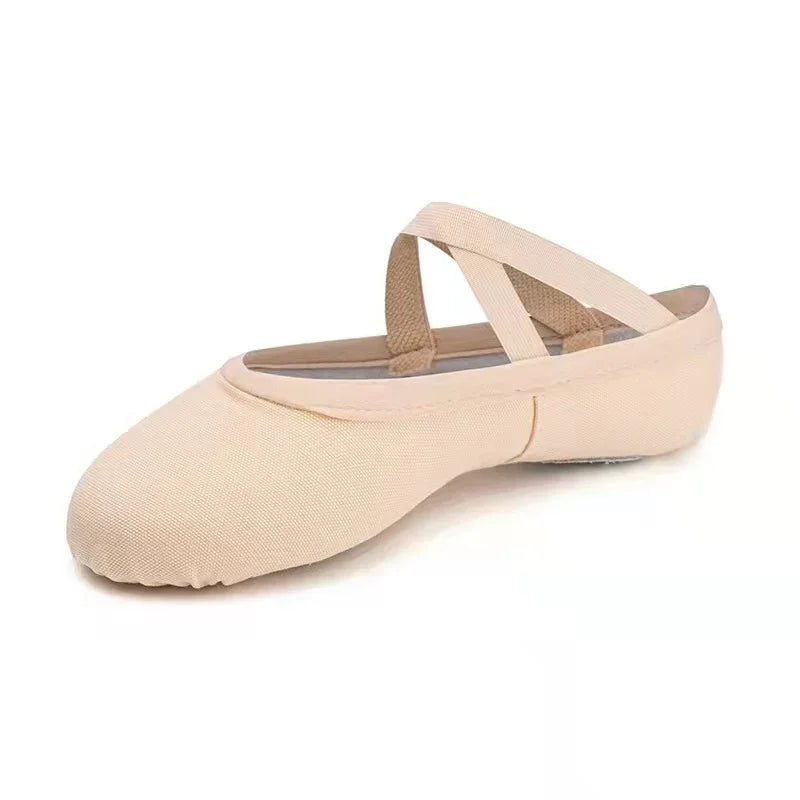 Beige canvas ballet shoe with elastic cross straps, ideal for dance practice