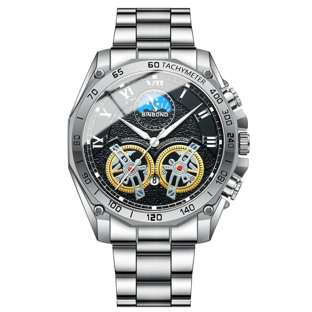 Silver men's BINBOND tachymeter wristwatch with black textured dial, dual gold gears, and metal bracelet