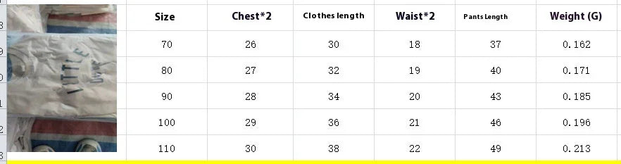 Size chart for children's clothing showing measurements for chest, clothes length, waist, pants length, and weight in grams