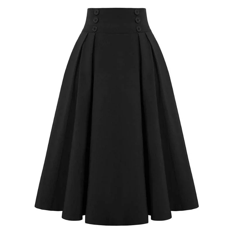 Elegant black high-waisted A-line skirt with button detailing and pleats