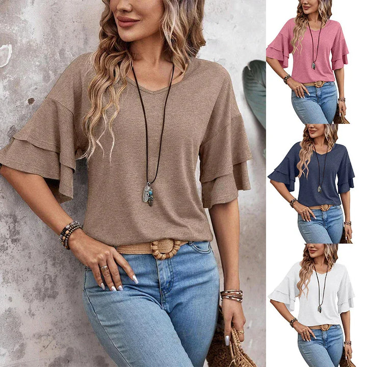 Women’s ruffle sleeve casual tops in brown, pink, navy, and white with jeans and boho accessories