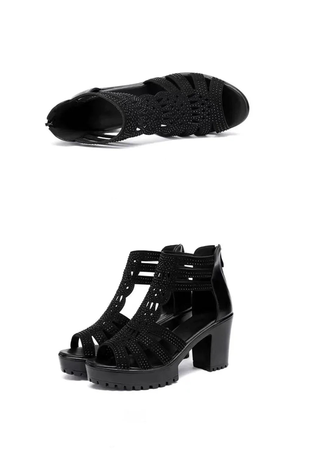 Black high-heeled gladiator sandals with cut-out design and studded details on white background