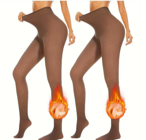 Model wearing brown thermal leggings with fleece lining graphic and high waist design