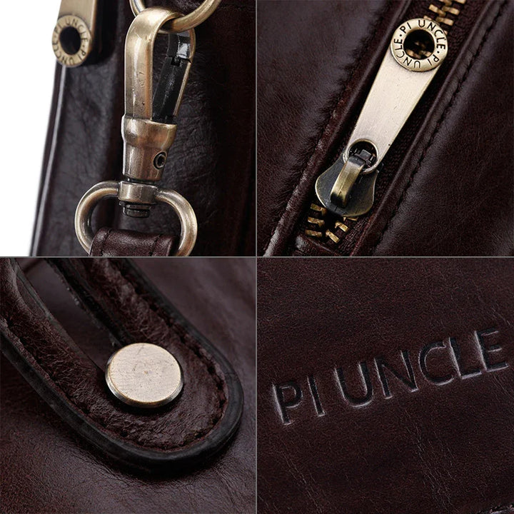 Close-up details of dark brown leather bag showing metal clip, zipper, rivet, and embossed PI UNCLE logo