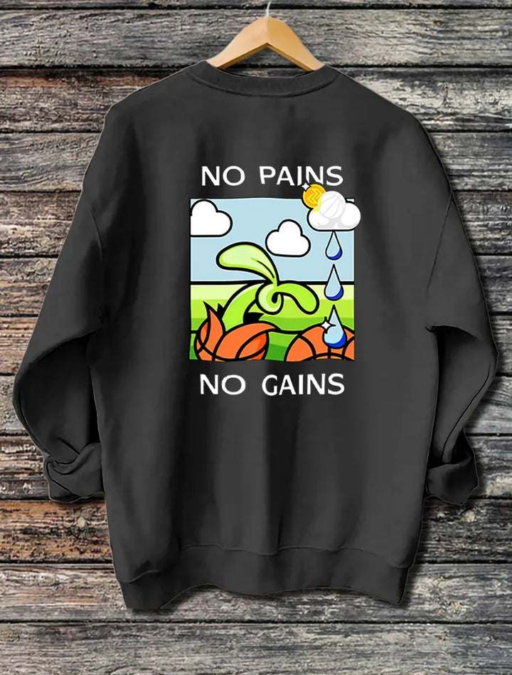 Black sweatshirt with colorful cartoon plant and message No Pains No Gains on rustic wood background