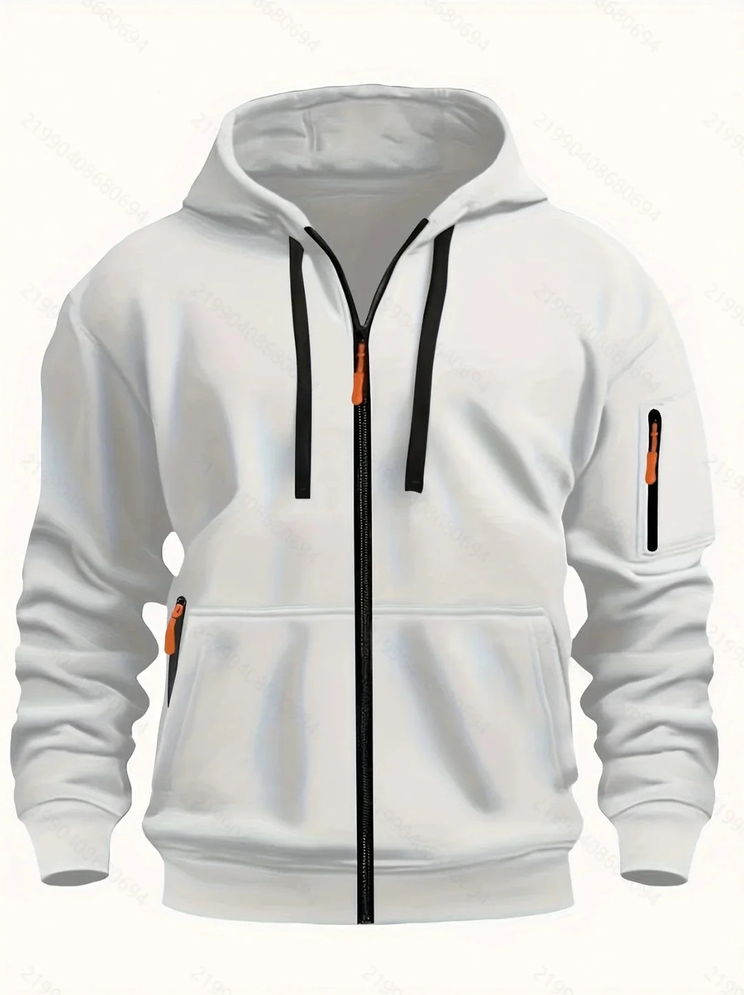 White zip-up hoodie with black zipper, black drawstrings, and orange zipper pulls on pockets and sleeve