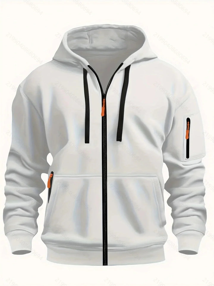 White zip-up hoodie with black zipper, black drawstrings, and orange zipper pulls on pockets and sleeve