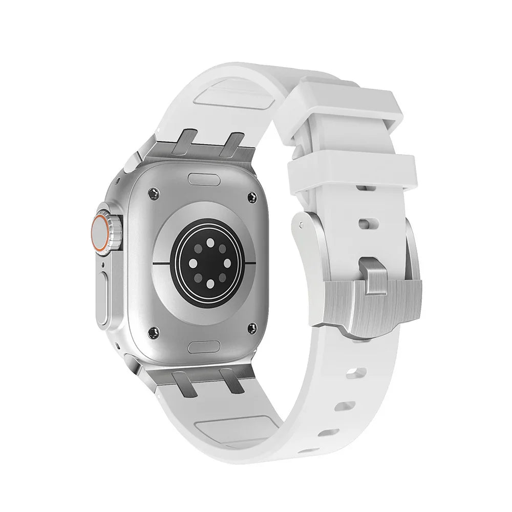 Back view of modern smartwatch with silver case and white silicone strap on white background