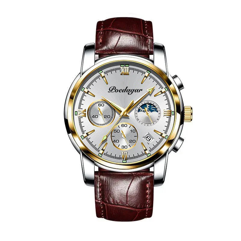 Elegant Poedagar men's wristwatch with silver dial, gold accents, chronograph subdials, and brown leather strap