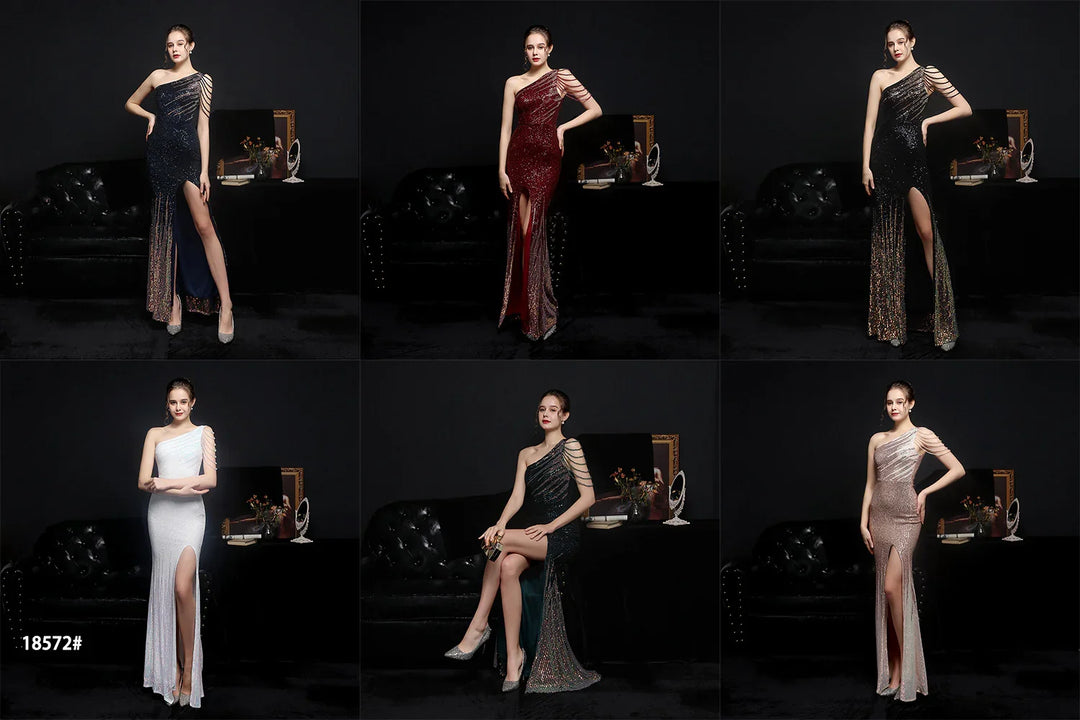 Female model showcasing six colors of one-shoulder sequin evening gowns with thigh slits in black, red, white, navy, and rose gold