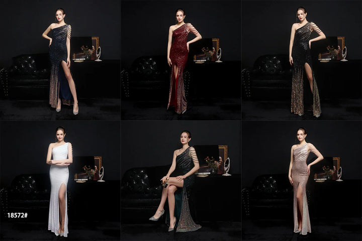 Female model showcasing six colors of one-shoulder sequin evening gowns with thigh slits in black, red, white, navy, and rose gold