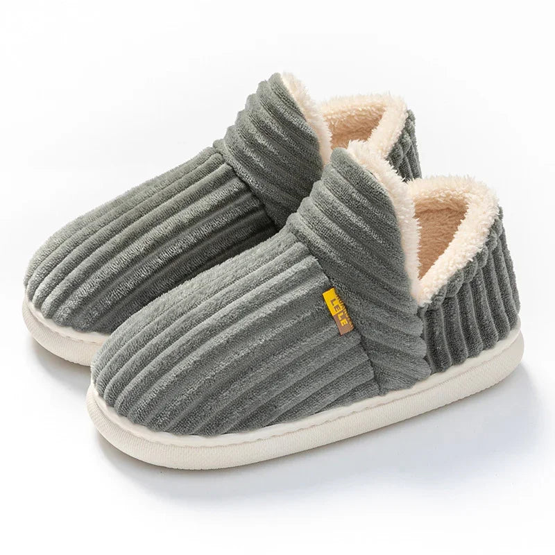 Gray ribbed fabric warm indoor slippers with fluffy beige lining and white sole