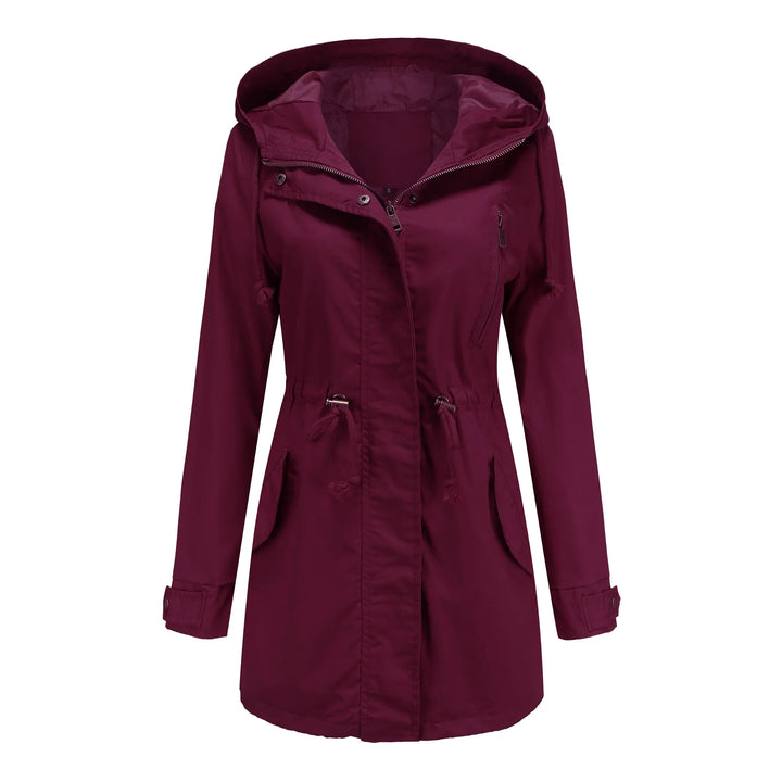 Women's maroon hooded trench coat with zipper, drawstring waist, and flap pockets