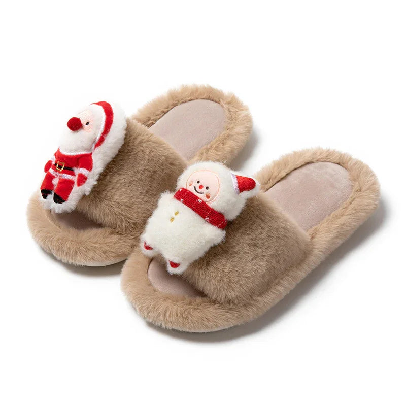 Beige fluffy Christmas slippers with plush Santa Claus and snowman decorations