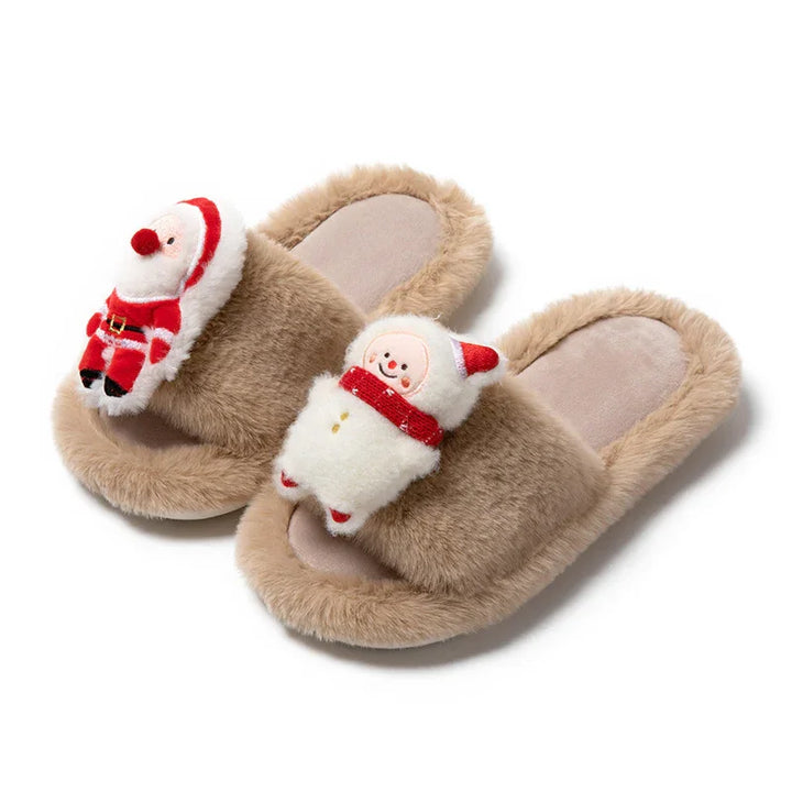 Beige fluffy Christmas slippers with plush Santa Claus and snowman decorations