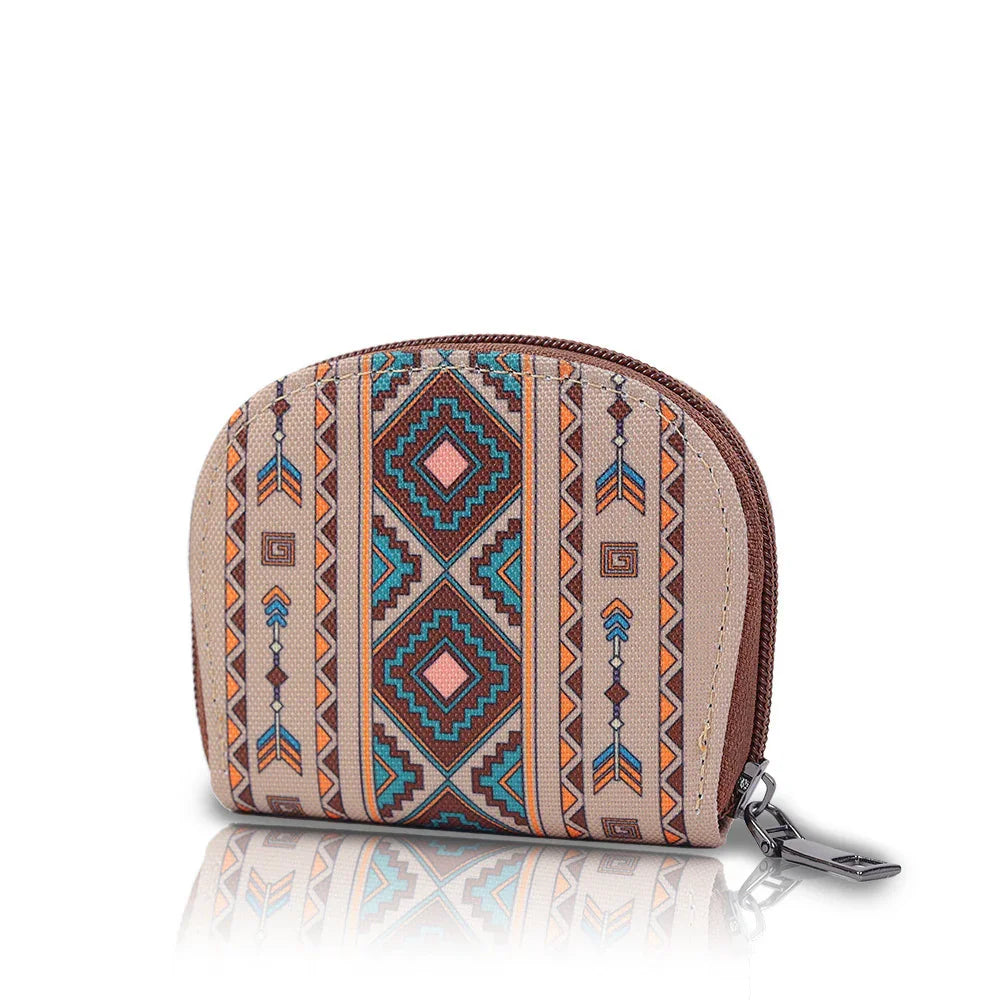 Small zippered pouch with colorful geometric tribal pattern and brown accents